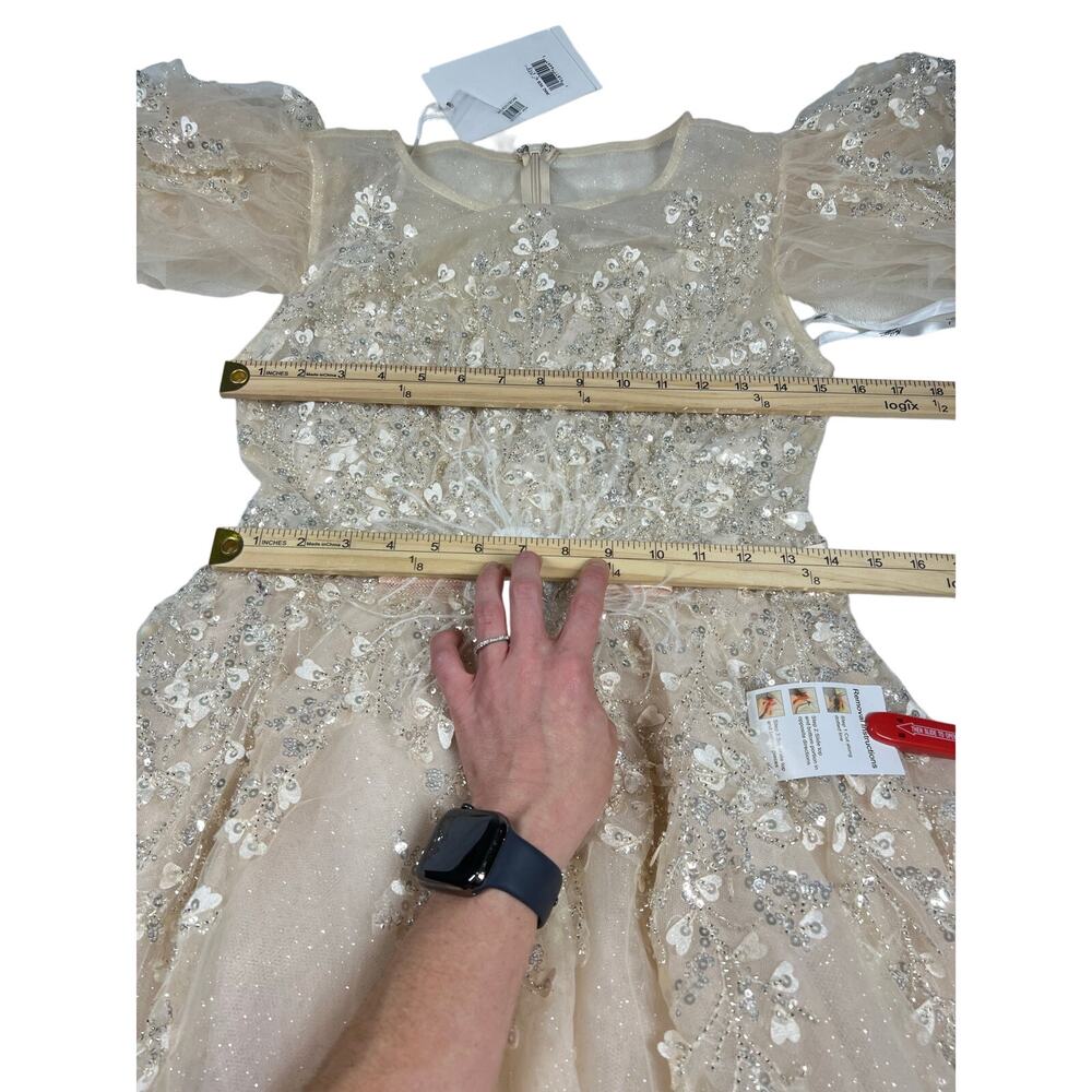 Mac Duggal 20362 Beige Embellished Flutter Sleeve Bow Waist A-Line Gown size 6 - Picture 13 of 14